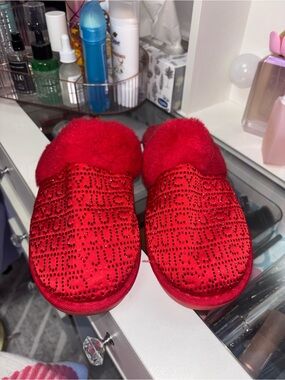 Juicy Couture Red Crystal-Embellished Plush Slippers